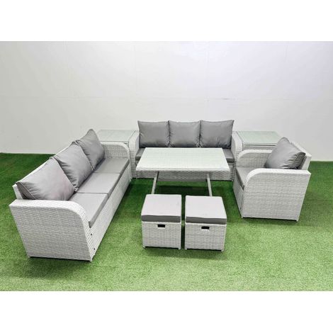 Fimous 8 Pieces Outdoor PE Rattan Garden Furniture with Cushions Reclining Chair 2 Side Tables 2 Small Stools Light Grey (1/4)
