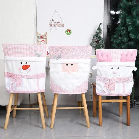 Ensemble de 3 housses de dossier de chaise de Noël, motif Père Noël, bonhomme de neige et rennes roses, pour la salle à manger, décorations de chaises festives pour les fêtes de fin d'année (1/5)