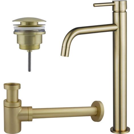 Fortifura Calvi Slim Kit mitigeur lavabo - robinet rehaussé - bonde clic clac - siphon design bas - PVD Laiton brossé