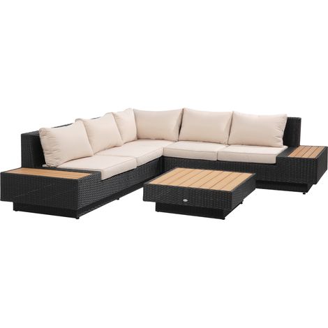 Ensemble de jardin HOMCOM pour 4 personnes avec tablettes et table d'appoint, incluant coussins de siège, noir, idéal pour terrasse et balcon