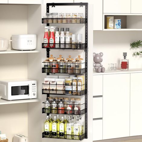 Étagère à Epices, Rangement Epices Cuisine Réglable à 6 Niveaux Au-dessus de la Porte, Garde-manger avec Crochet pour Etagère à Epices, Etagere a Epices en Métal pour Epices, 127,543,5 cm, Noir (1/5)