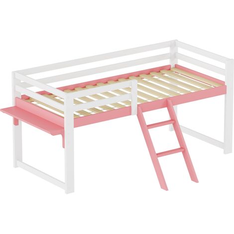Cama alta infantil 90x200 cm de madera de pino blanca y rosa con escalera, barandilla y somier (1/5)