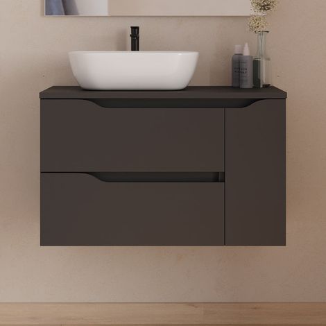 Meuble de salle de bain 80cm avec plateau et vasque à poser déportée à gauche Zeus - sans miroir - 2 tiroirs et un placard - noir - ZARZA