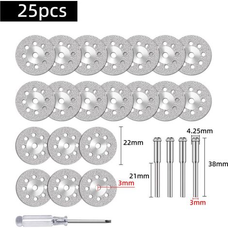 Set of 25 diamond grinding discs (22 mm) including 402 mandrel (3 mm), 5-piece set, and screwdriver for Dremel rotary tools, stone and glass cutting disc (1/5)