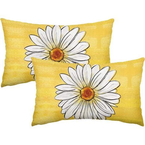 Beyamis Housse de coussin lombaire en lin à motif marguerites, jaune, 30 cm x 50 cm (lot de 2) (1/5)