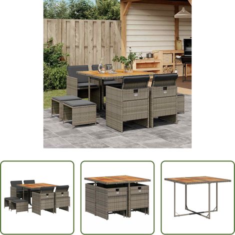vidaXL Table de jardin - Ensemble à manger de jardin 9 pcs coussins gris résine tressée (1/5)