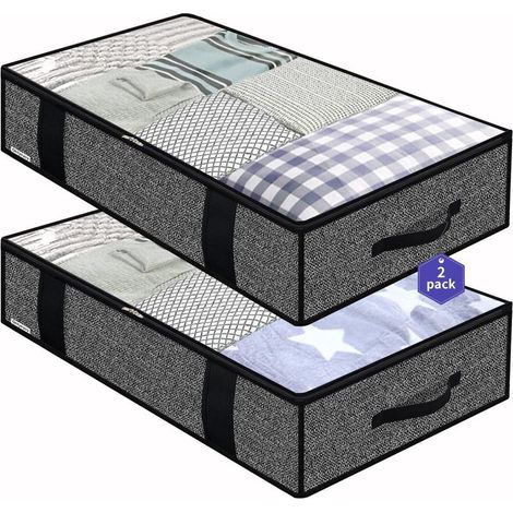 Rangement sous le lit – Lot de 2 avec poignées 100 x 50 x 15 cm – Lin noir (1/5)