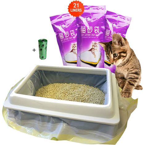 3 Packs (21 Total) Cat Litter Bags 91.5 × 18 Inch Cat Litter Tray Bags with Handles for Medium and Large Litter Tray, 1 Roll (15 Pieces) of Garbage Bag as Gift (1/5)