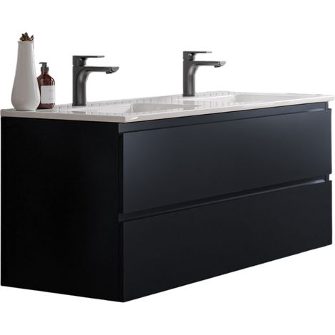 BERNSTEIN - Mueble lavabo doble suspendido MDF Azul noche mate, lavabos Blanco brillo + orificios grifería, rebosadero + tapones 120x46x50cm - AVA blanco brillante, Azul medianoche mate