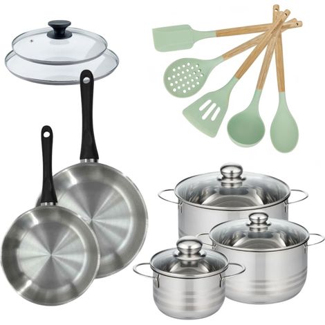Lot de Poêles 20/24 cm avec couvercles et 3 Faitouts 16/20/24 cm Fackelmann Généva avec 5 ustensiles Océan (1/5)