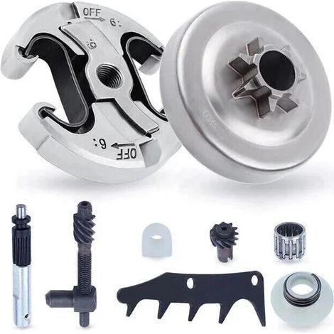 Piñón y embrague para Husqvarna 345 445 340 450, piñón de cadena de 0,325'' con paso de 6 dientes + tambor de embrague + rodamiento. Kit de accesorios de repuesto para motosierra 8 en 1. (1/4)
