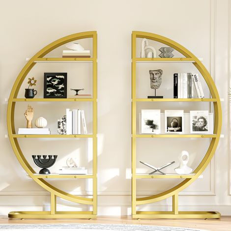 Étagère arc 120×30×130 cm métallique cadre doré,4 étagères MDF blanc. Modulaire semi-circulaire pour salon,cuisine et décoration.