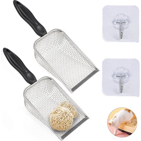 Lot de 2 pelles à litière en métal - En acier inoxydable - Pour litière et animaux de compagnie - Poignée antidérapante - Pour toutes les litières pour chat, terre, sable, pierres, compost (maille 3,8 (1/5)