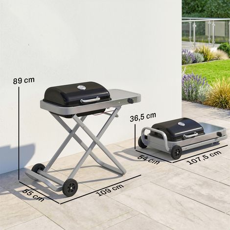 Barbecue à gaz portable, 1 brûleur, 2,5 kW, chariot pliable, grille de cuisson, tablette latérale, couvercle, thermomètre (1/5)