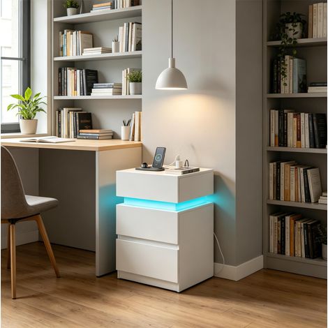Mobile contenitore con 2 cassetti LED e USB bianco OKMYHOME (1/5)
