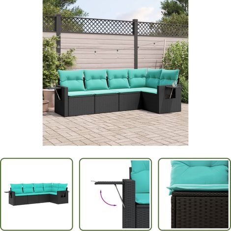 Gartenmöbel - 5-teiliges Gartensofa-Set mit Kissen, schwarzes Polyrattan (1/5)
