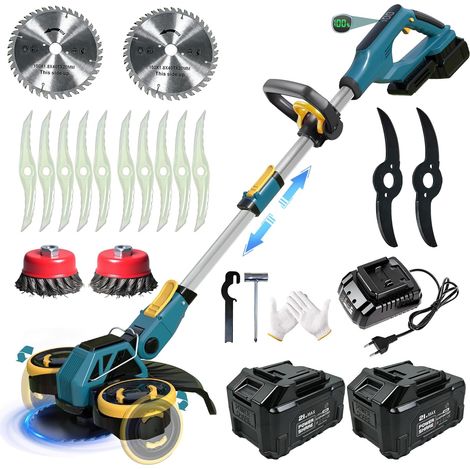 Coupe Bordure sans Fil avec 2 x 4.0Ah Batterie, 4 en 1 Debroussailleuse Electrique sans Fil avec 4 Types de Lames, 21V Débroussailleuse à Batterie Brushless avec Brosse Désherbage,Roues,Bleu (1/5)