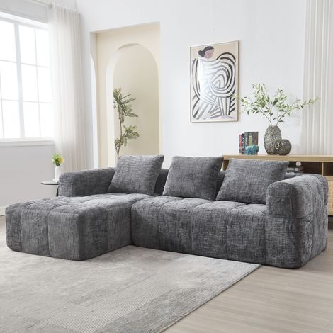 Hauss Spole – Canapé d'angle 3 places – Tissu chenille gris – Dimensions 250 × 158 × 60 cm – 3 oreillers – Design modulable sans installation