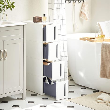SONGMICS Carrello Mobile, Scaffale Portaoggetti Stretto con 4 Cassetti, Carrello da Bagno, Organizzatore per Cucina con Rotelle Rimovibili, PP, Salvaspazio 45 x 17 x 83 cm, Bianco e Grigio (1/5)