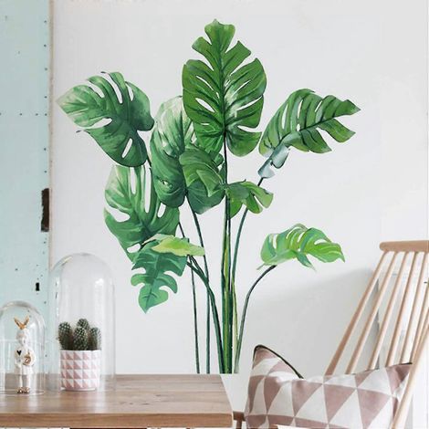 Sticker mural feuille de Monstera, plante tropicale, pour salon, poster mural feuille de palmier, art mural végétal vert naturel, papier peint vinyle pour (1/5)