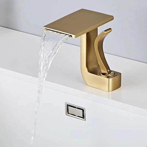 Waterfall Bathroom Faucet, Single Brass Handle, Hot and Cold Water Sink Faucet, Brushed Gold (1/5)