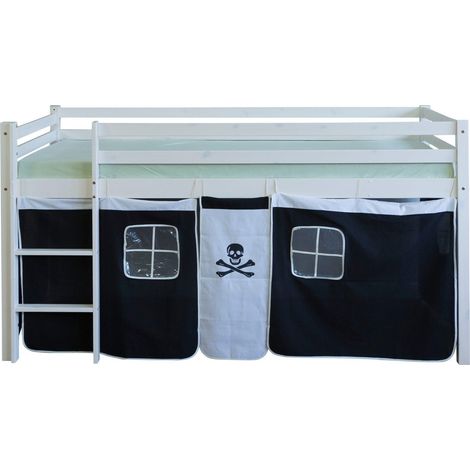 Décoshop26 – Lit mezzanine 90x200cm avec échelle en bois de pin massif laqué blanc – Toile noir pirate – Hauteur sous lit 75cm – LIT06121 (1/5)