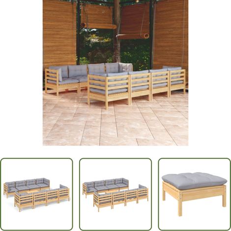 Terrassensofa - 9-tlg. Garten-Lounge-Set mit Grauen Kissen Kiefer Massivholz (1/5)