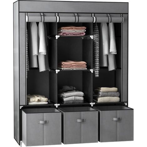 Armoire de Rangement en Tissu penderie Pliable avec 5 étagères, 2 Barres de Suspension et 3 tiroirs en Tissu - 125L x 43l x 162.5H cm, Gris (1/5)
