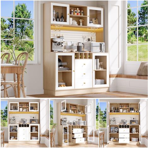 Armoire haute moderne, meuble de cuisine avec éclairage LED intelligent, armoires hautes pour le salon, meuble d'appoint avec casier à vin et dispositif anti-basculement, étagères intégrées réglables,