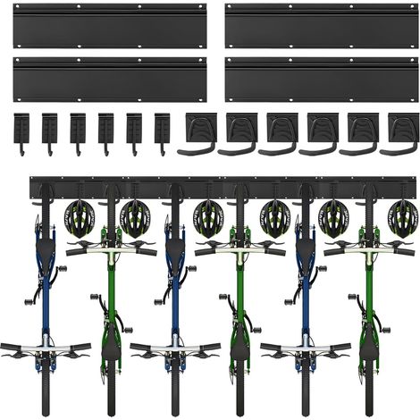 Support mural pour vélos, support mural pour 6 vélos, 6 casques, crochet de rangement pour outils pour garage ou maison, crochet vertical pour vélos (largeur intérieure : 90 mm) – 4 rails (1/5)