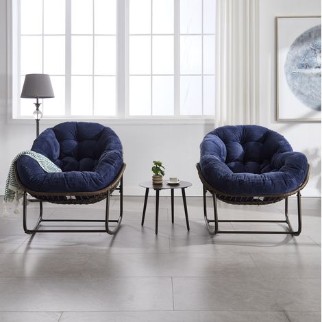 Poltrona a dondolo in rattan sintetico, cuscino imbottito, blu navy DESVIAE (1/5)