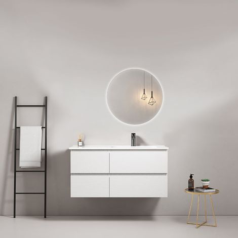 Mobile bagno sospeso 100 cm Bianco Lavabo a Destra in Ceramica Specchio Tondo Retroilluminato - Fiji Wood
