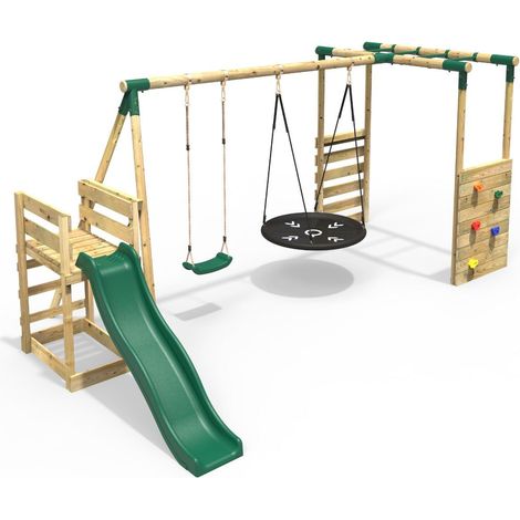 Rebo Wooden Children's Swing Set with Monkey Bars plus Deck & 6ft Slide - Double Swing - Meteorite Green