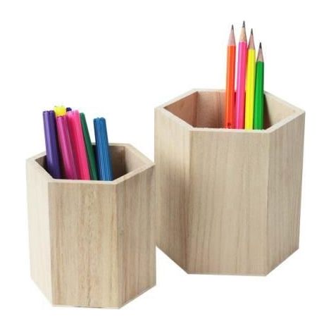 Pots à crayons - Crème - Bois naturel - Hexagonal - Set de 2 - FSC certifié (1/3)