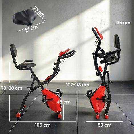 Vélo d'appartement pliable 2 en 1, résistance magnétique réglable sur 8 niveaux, capteur de fréquence cardiaque, bracelet, écran LCD, silencieux, avec volant d'inertie de 2,5 kg, rouge (1/5)