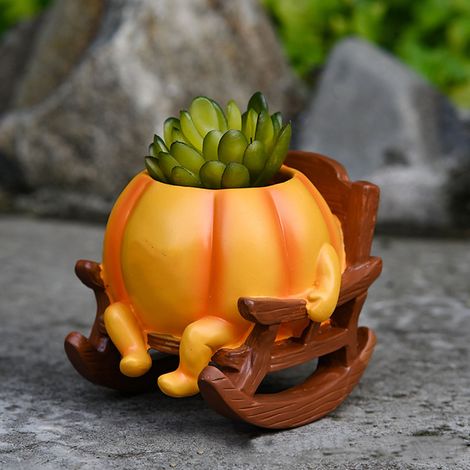 Maceta de resina con una alegre cara de calabaza, maceta resistente para balcón, mecedora [Tamaño M/L, Marrón, 368-446 g, 1 pieza] (1/5)