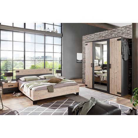 Pegane – Chambre complète adulte 140x200cm – Lit futon, 2 chevets avec tiroirs, armoire coloris chêne – Assemblage facile (1/2)