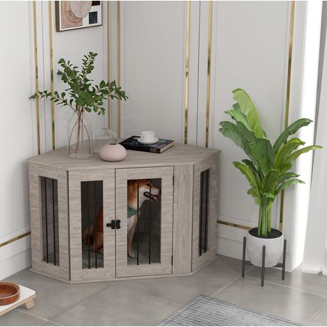 Cage pour chien d’intérieur en bois avec barreaux en acier, 104 x 55 x 63 cm, noyer HAVRYA (1/5)