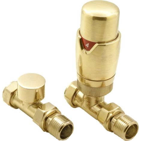 Reina Modal TRV Straight Radiator Valve and Lockshield, Brushed Brass (1/2)