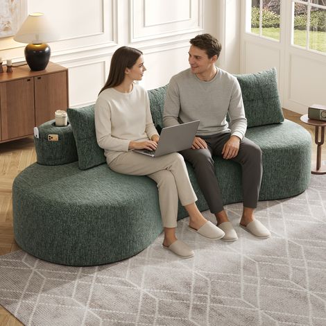 Canapé en lin vert 240 cm avec porte-gobelets et poches latérales (1/5)