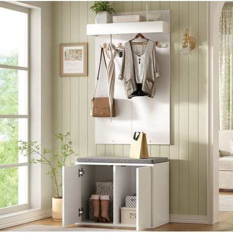 Mueble zapatero con banco y perchero, 4 ganchos, blanco OKMYHOME (1/5)