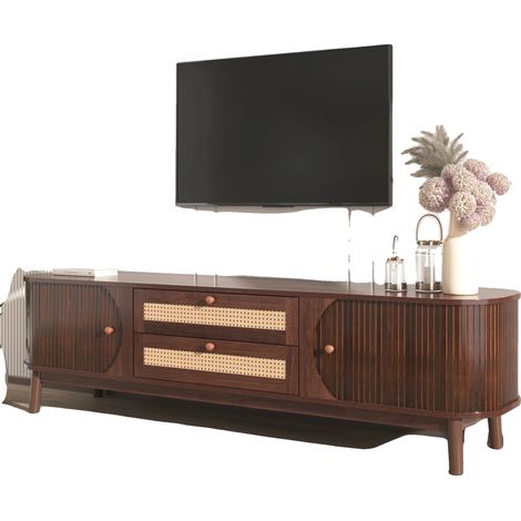 Meuble TV, Bois Massif et Rotin, Style Campagne Moderne, Naturel - MDF - 50-59 pouces (1/2)