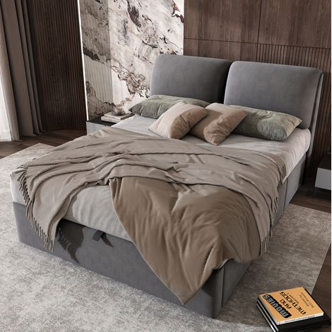 Lit rembourré gris 140x190 cm avec rangement hydraulique, sommier à lattes et tête de lit (1/5)