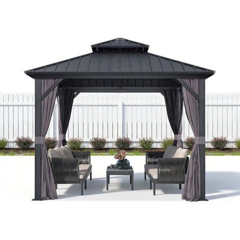 PURPLE LEAF 3 x 3 m Pergola Économique de Jardin en Aluminium à Toit Rigide, Tonnelle avec Moustiquaire et Rideaux, Pavillon Double Toit, Gris (1/5)