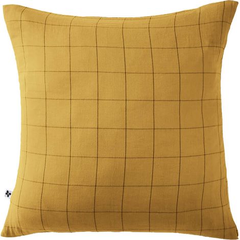 OUREA MOTIF - Taie d'Oreiller 60x60cm Gaze de Coton Safran à Grands Carreaux (1/5)