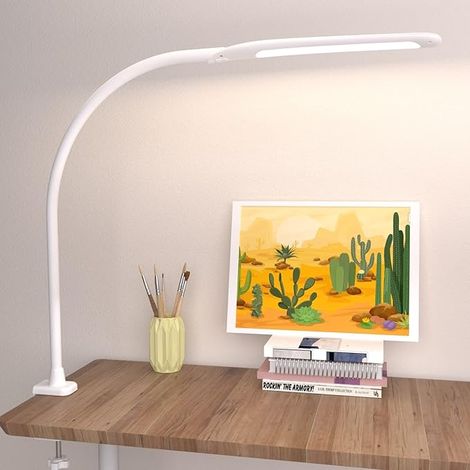 GROOFOO Lampe de bureau LED avec pince - Tête flexible type col de cygne - 3 modes de couleur - Réglable par toucher - Pour bureau, lecture, travail