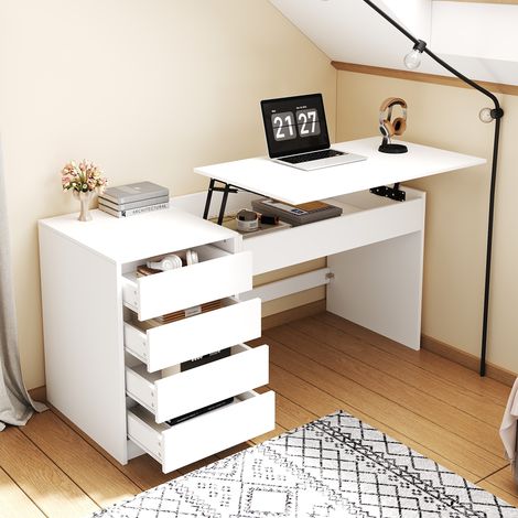 Scrivania toeletta 120x50x78-92 cm bianca in pannello truciolare con 4 cassetti e altezza regolabile (1/5)