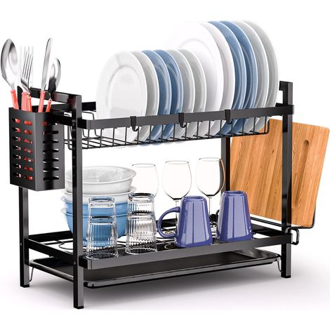 Egoutoire Vaisselle Cuisine 2 Niveaux, Egouttoir Vaisselle INOX avec Porte-ustensiles et Bac D'égouttement, Grand Egouttoir Evier Convient pour Une Famille de 4-5 Personnes (1/5)