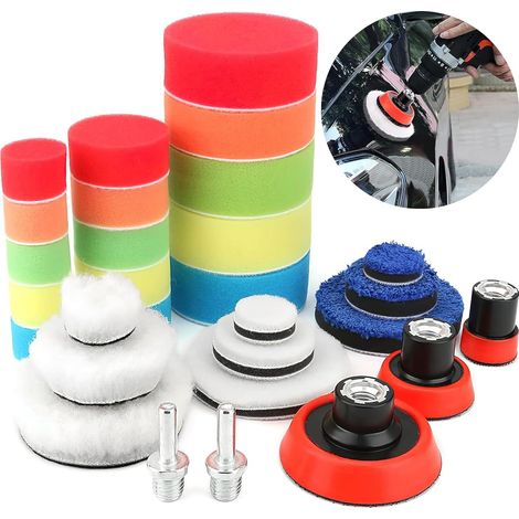 Lot de 29 embouts de polissage pour visseuse sans fil, éponge de polissage pour voiture avec 2 adaptateurs de perçage M14, tampons de polissage pour polissage, meulage, cirage (1/5)