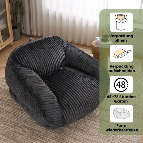 Pouf pour adultes, fauteuil lounge moelleux en velours côtelé, emballé sous vide et sans montage, pour salon, chambre, balcon (gris foncé) (1/4)